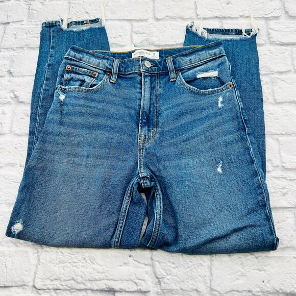 ABERCROMBIE & FITCH The Mom High Rise Jeans Size 2/26 Blue Distressed Denim - Picture 3 of 10